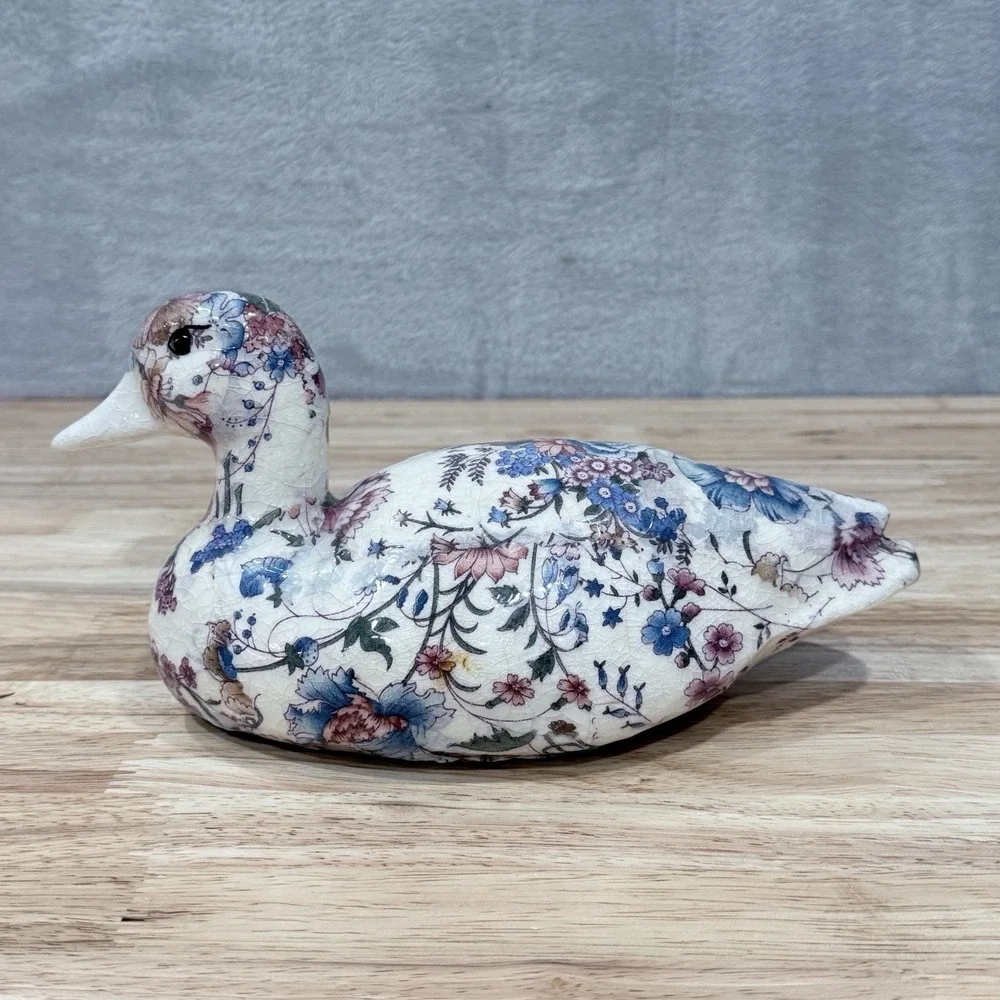 Vintage Floral Chintz Duck Figurine Decoupage Mallard Decoy Blue Pink Botanical